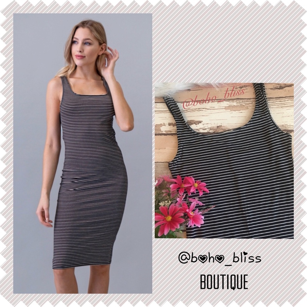 Black & White Striped Stretch Sleeveless Midi Dress NWT
